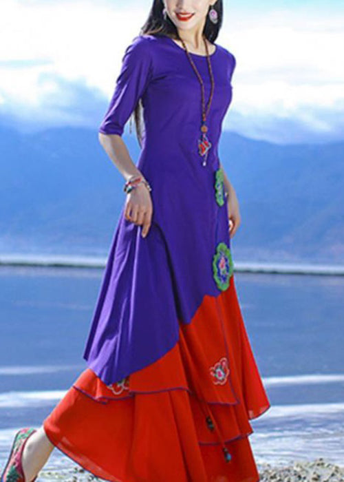 Purple O-neck Asymmetrical Cotton T Shirts Half Sleeve