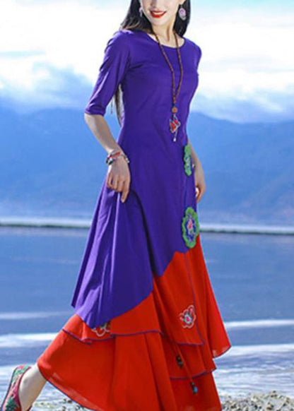 Purple O-neck Asymmetrical Cotton T Shirts Half Sleeve