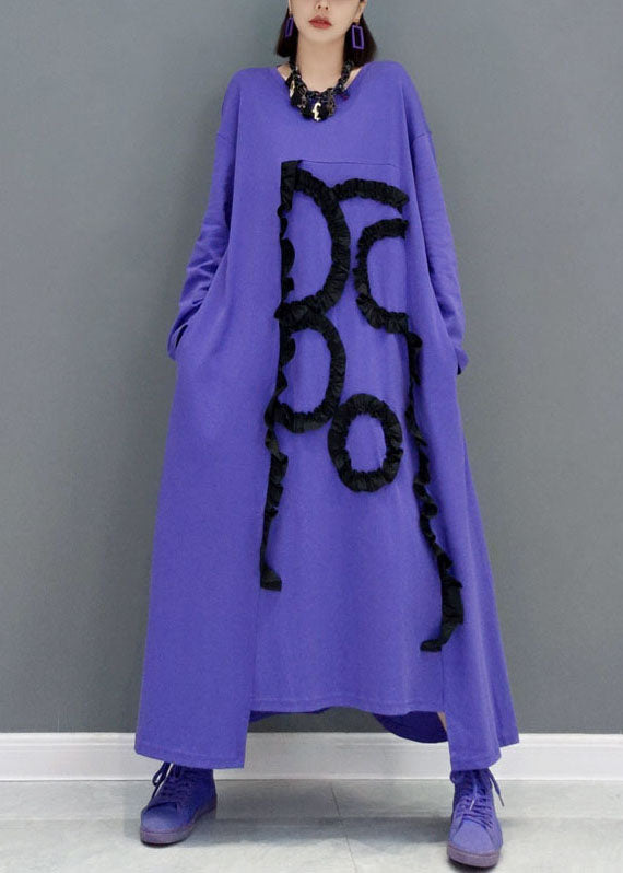 Purple O-neck Asymmetrical Ruffled Cotton a Line Dress Spring