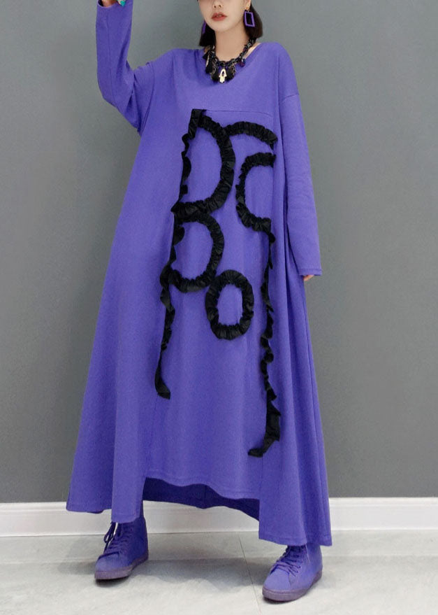 Purple O-neck Asymmetrical Ruffled Cotton a Line Dress Spring