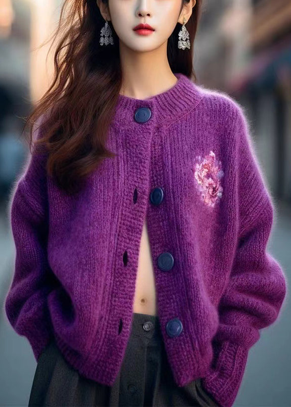 Purple O Neck Button Cozy Knit Cardigan Spring