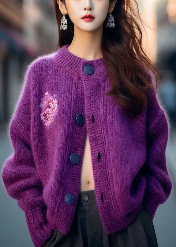 Purple O Neck Button Cozy Knit Cardigan Spring