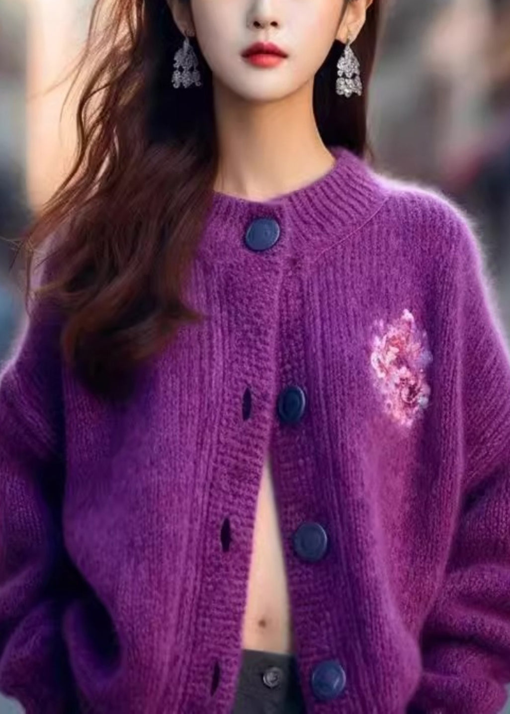 Purple O Neck Button Cozy Knit Cardigan Spring