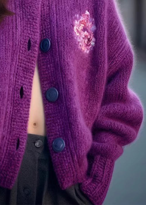Purple O Neck Button Cozy Knit Cardigan Spring