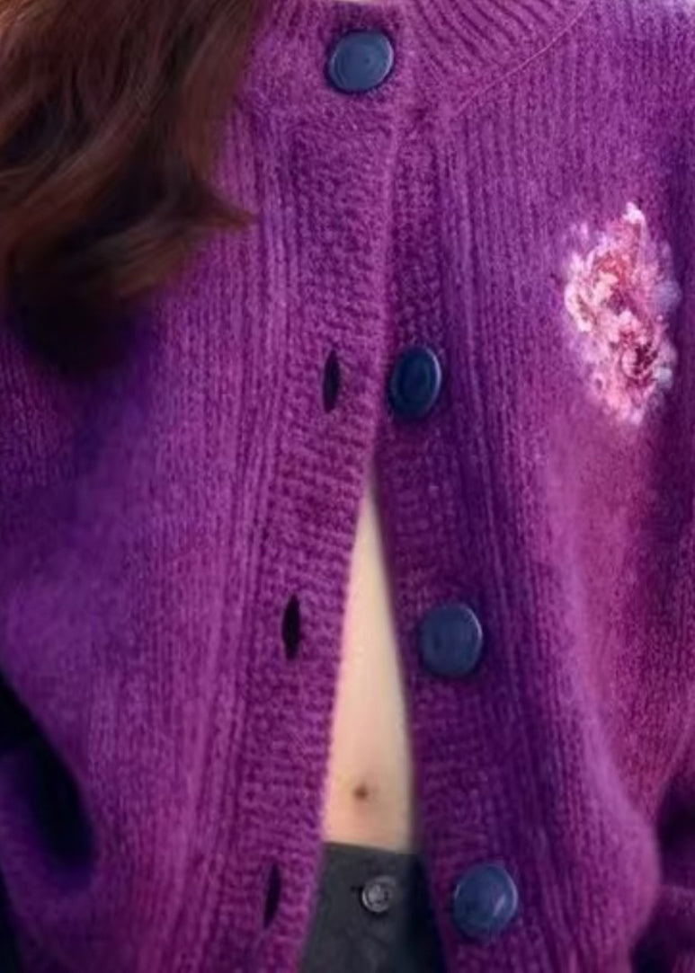 Purple O Neck Button Cozy Knit Cardigan Spring