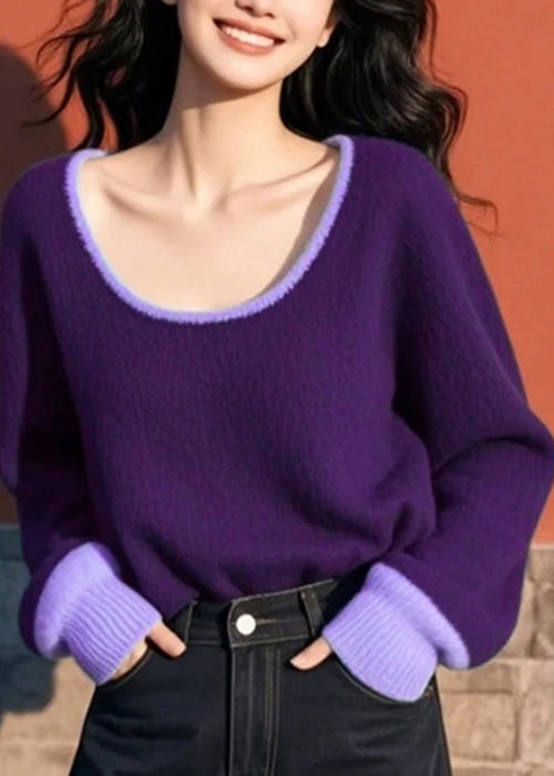 Purple O Neck Cozy Patchwork Knit Sweater Spring