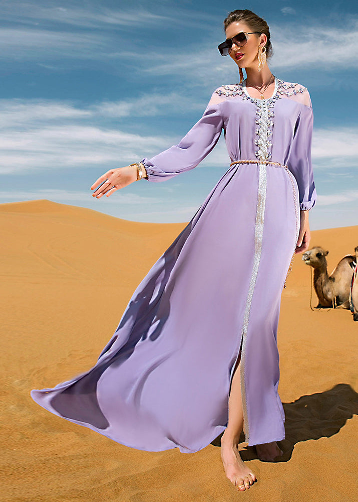 Purple O-neck Lace Patchwork Tie Waist Chiffon Long Dress Fall