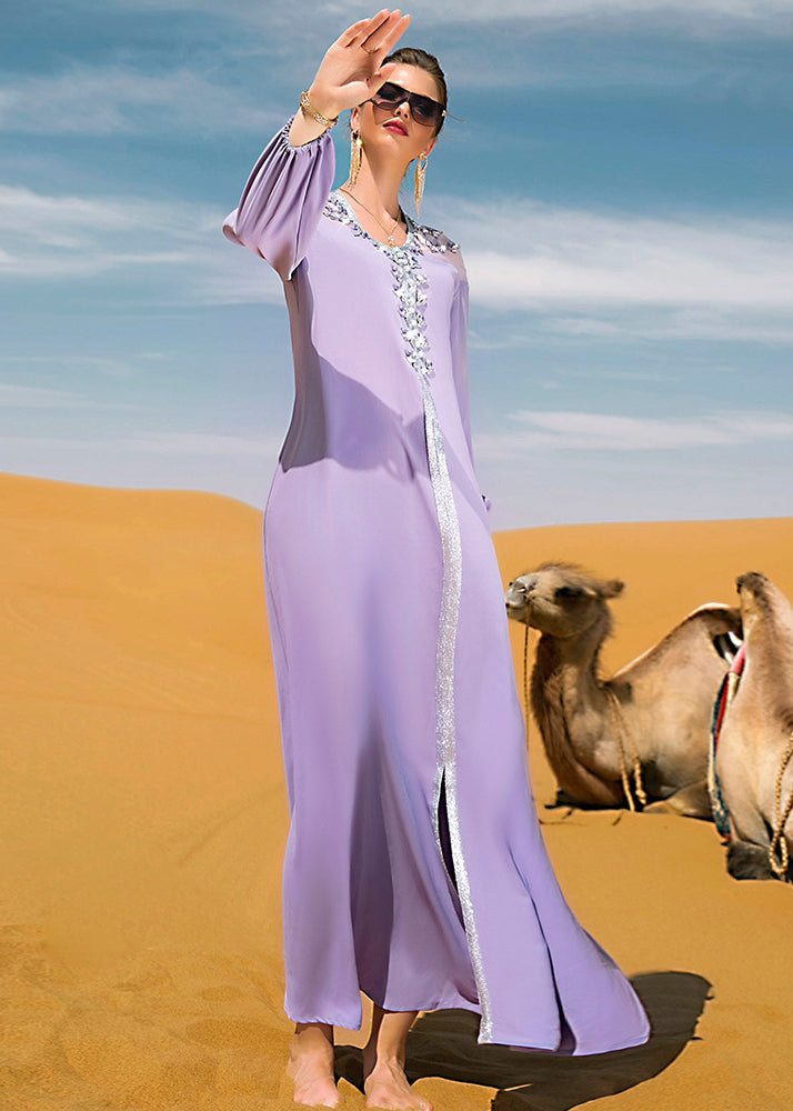 Purple O-neck Lace Patchwork Tie Waist Chiffon Long Dress Fall