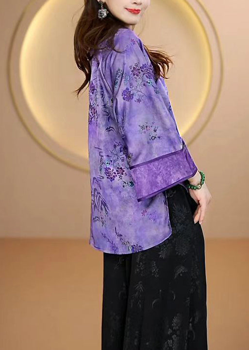 Purple O Neck Print Button Silk Shirts Fall