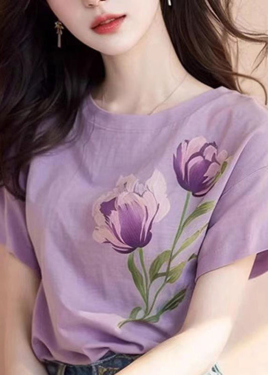 Purple O Neck Print Cotton T Shirt Short Sleeve