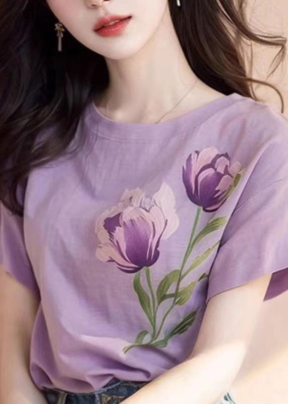 Purple O Neck Print Cotton T Shirt Short Sleeve