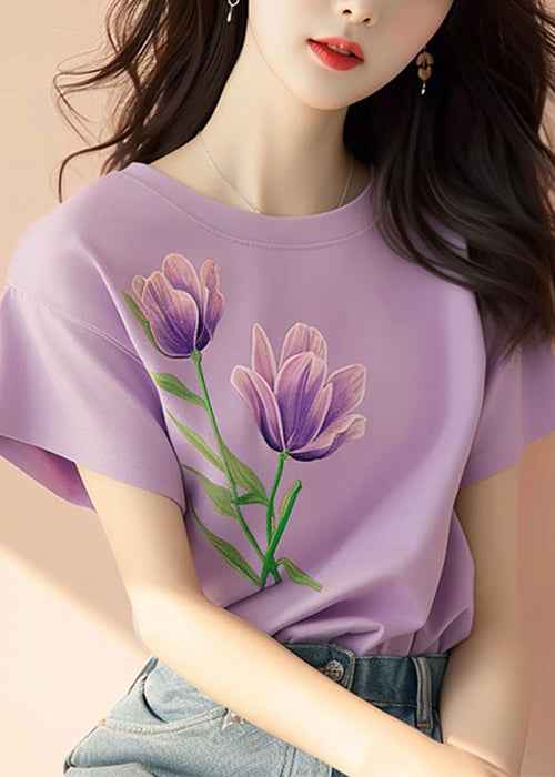 Purple O Neck Print Cotton T Shirt Short Sleeve