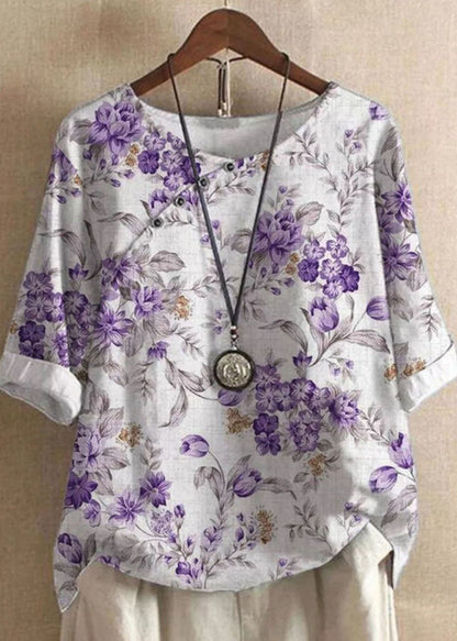 Purple O Neck Print Patchwork Linen T Shirts Tops Summer