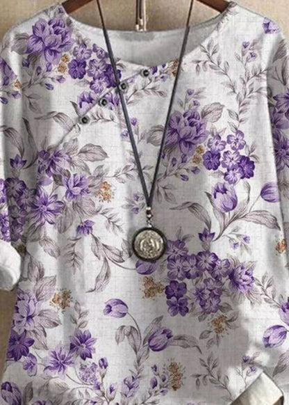 Purple O Neck Print Patchwork Linen T Shirts Tops Summer