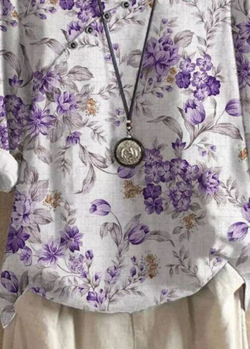 Purple O Neck Print Patchwork Linen T Shirts Tops Summer