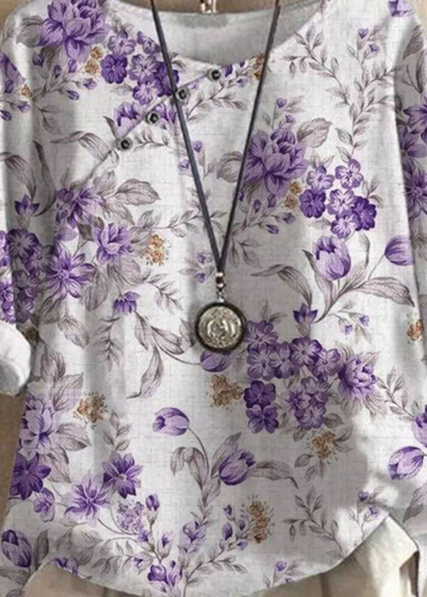 Purple O Neck Print Patchwork Linen T Shirts Tops Summer