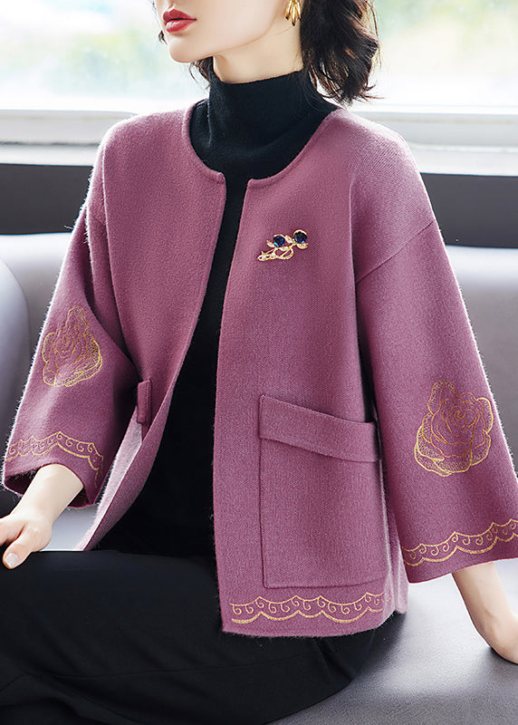 Purple O Neck Print Pockets Patchwork Wool Cardigan Fall