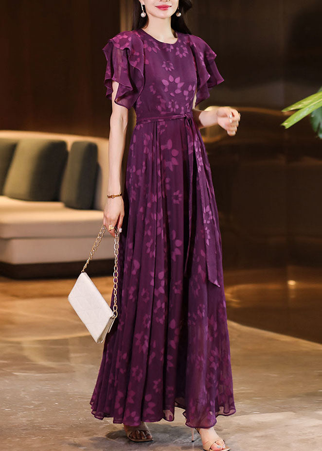 Purple O-neck Print Ruffled Wrinkled Chiffon Maxi Dress Short Sleeve