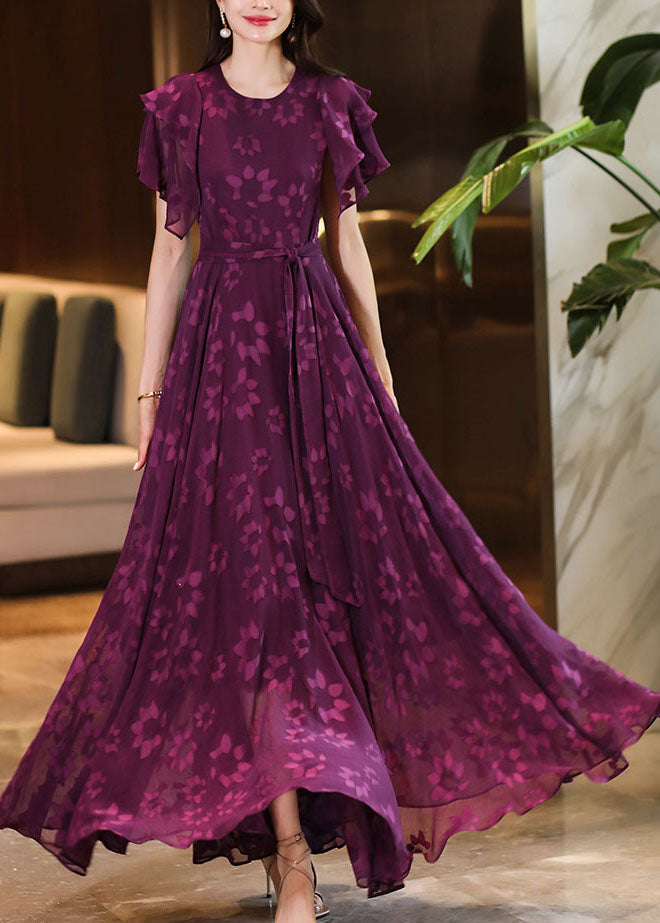 Purple O-neck Print Ruffled Wrinkled Chiffon Maxi Dress Short Sleeve