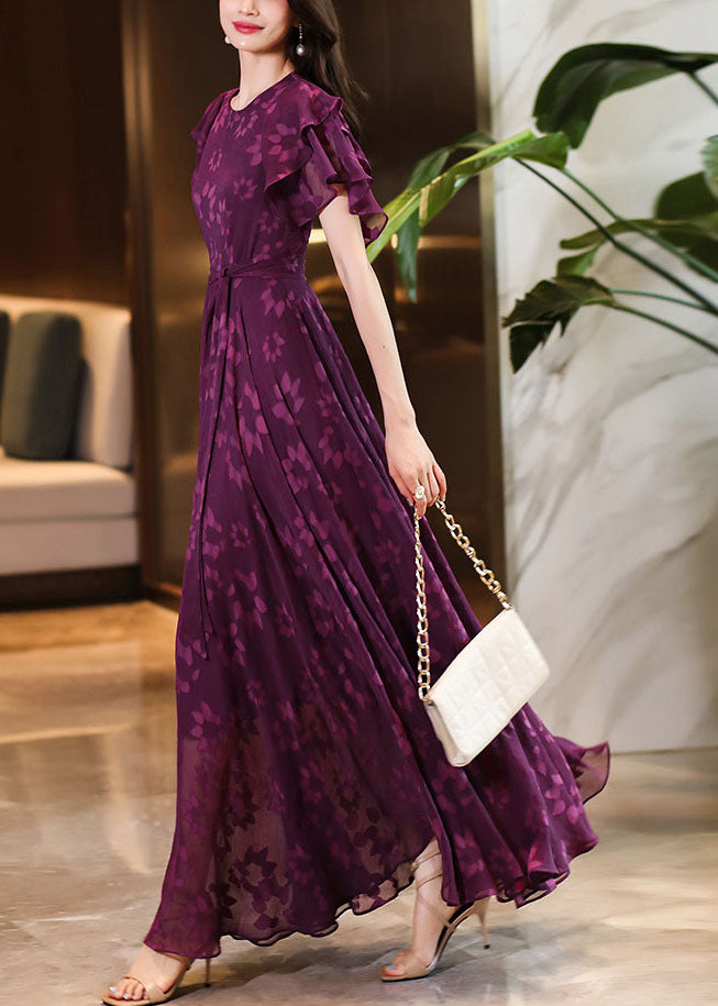 Purple O-neck Print Ruffled Wrinkled Chiffon Maxi Dress Short Sleeve