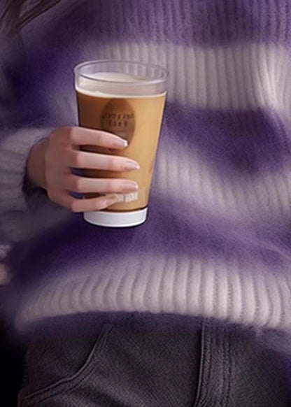Purple O Neck Striped Cozy Knit Sweater Spring