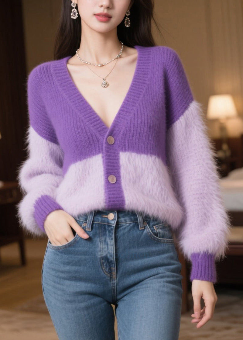 Purple Oversized Patchwork Knit Loose Coats Winter