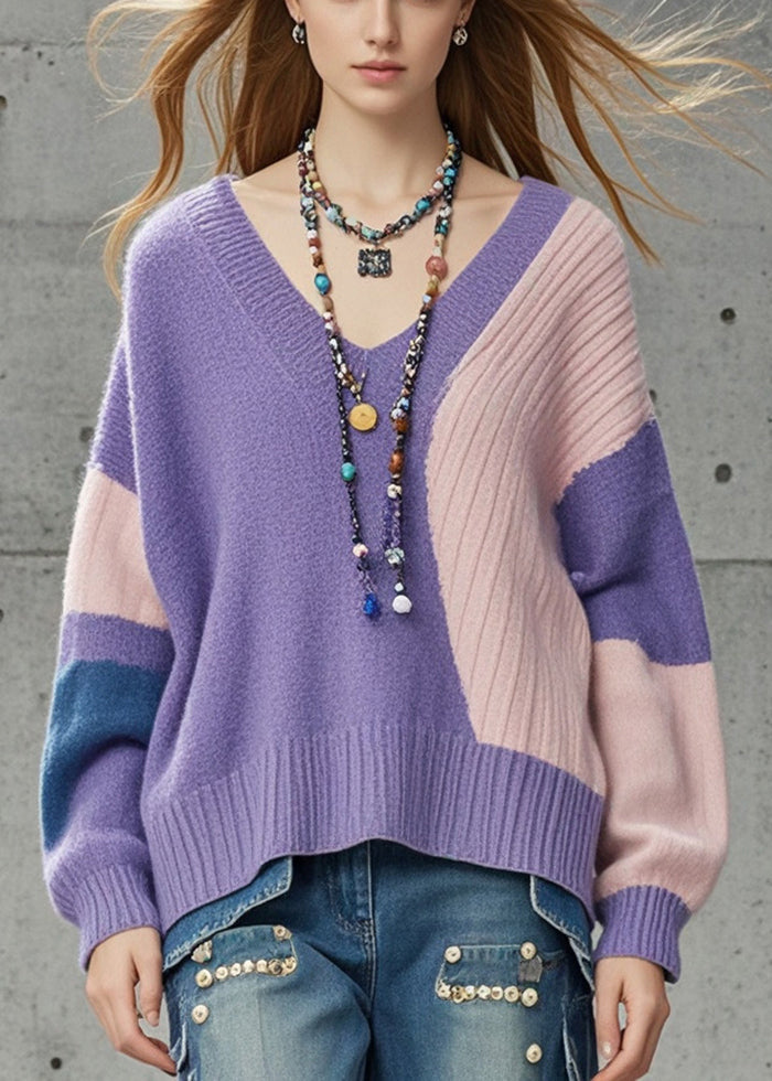 Purple Oversized Patchwork Knit Sweaters Fall