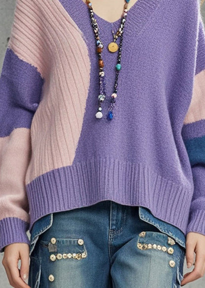 Purple Oversized Patchwork Knit Sweaters Fall