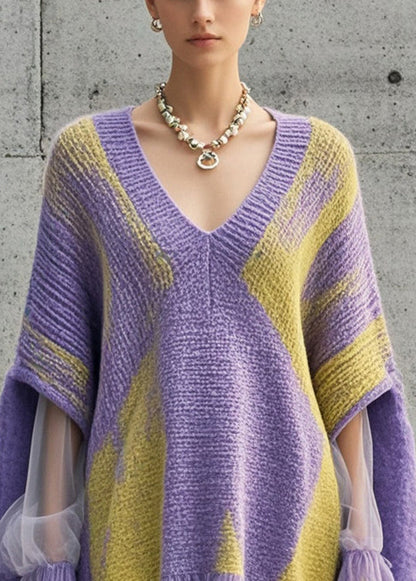 Purple Oversized Patchwork Tulle Knit Dress Fall