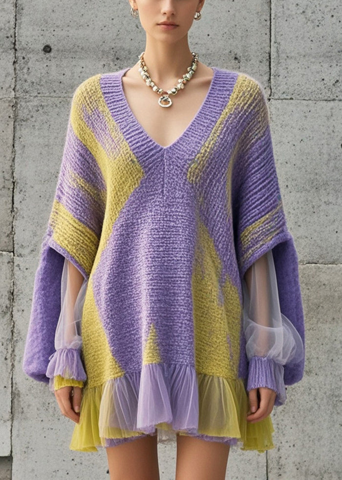 Purple Oversized Patchwork Tulle Knit Dress Fall