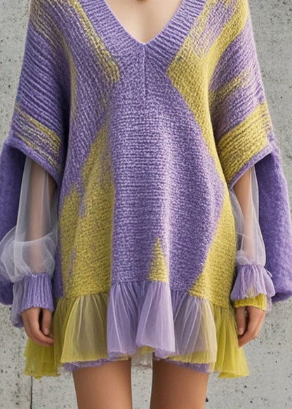 Purple Oversized Patchwork Tulle Knit Dress Fall