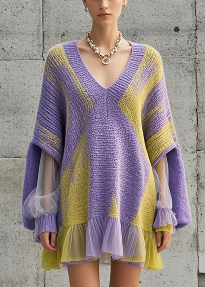 Purple Oversized Patchwork Tulle Knit Dress Fall