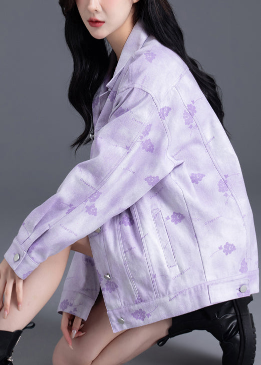 Purple Oversized Print Denim Coat Outwear Spring