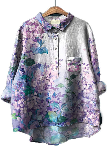 Women Purple Oversized Print Linen Shirt Top Spring