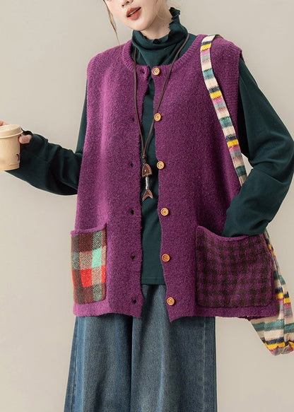 Purple Patchwork Button Cozy Cotton Knit Waistcoat Winter