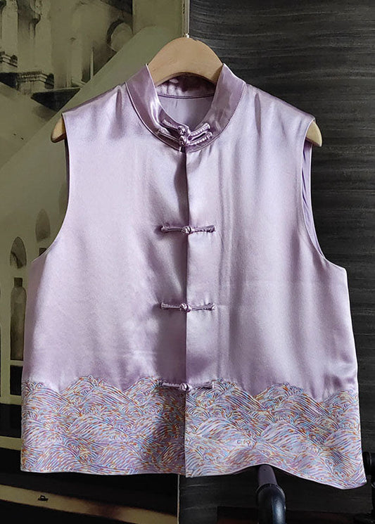 Purple Patchwork Embroideried Silk Tops Sleeveless