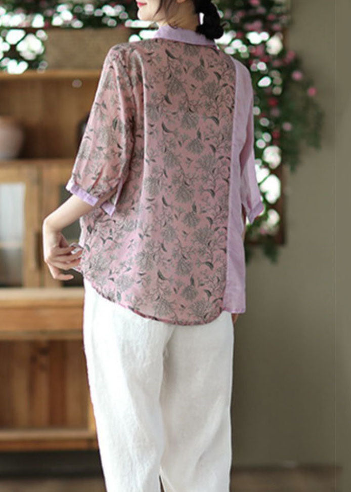 Purple Peter Pan Collar Print Button Patchwork Linen Tops Summer