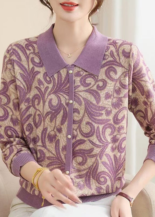Purple Peter Pan Collar Print Knit Sweaters Spring