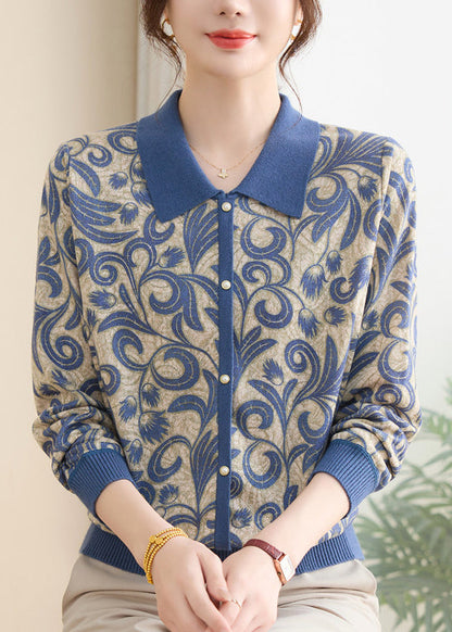 Purple Peter Pan Collar Print Knit Sweaters Spring