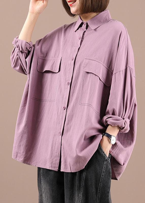 Purple Peterpan Collar Button Pockets Fall Shirt Long Sleeve