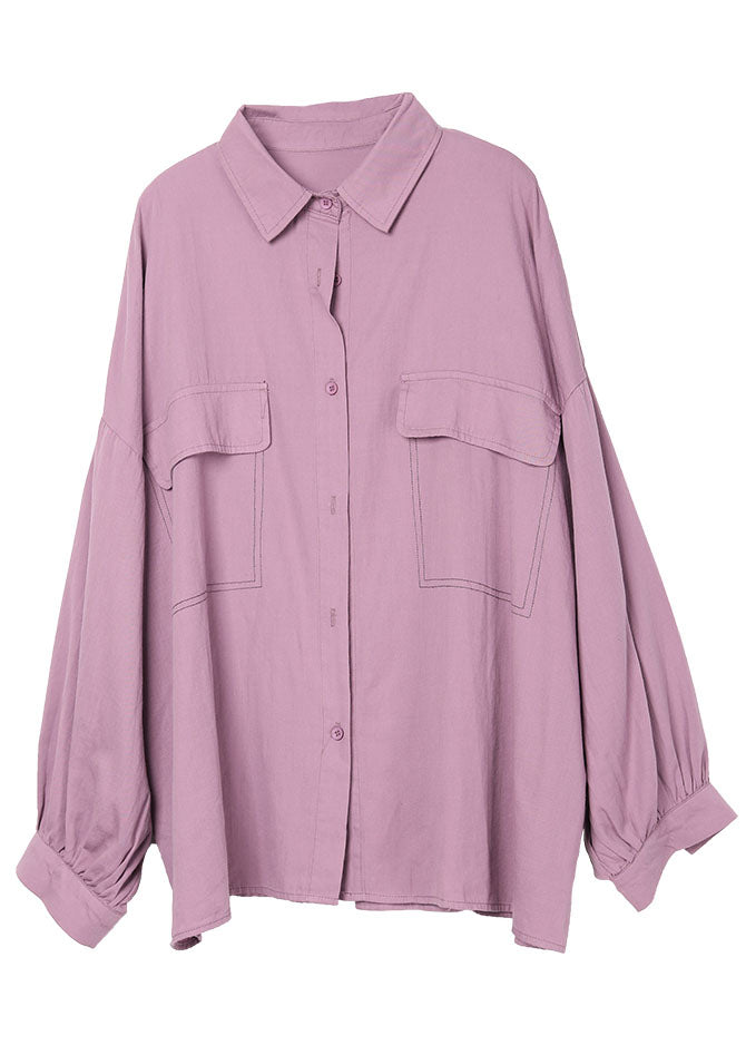 Purple Peterpan Collar Button Pockets Fall Shirt Long Sleeve