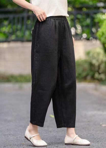 Purple Pockets Elastic Waist Linen Crop Pants Summer