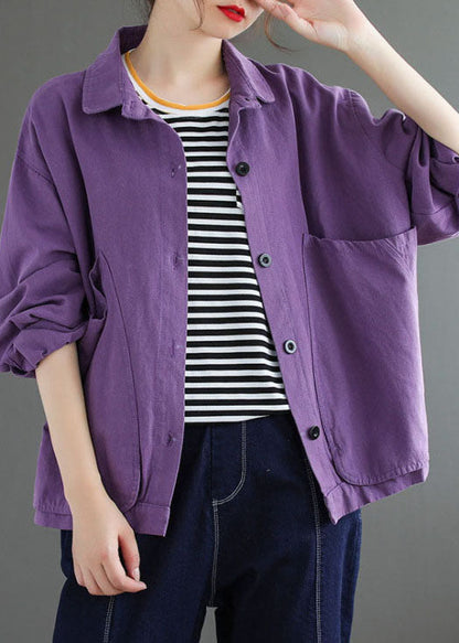 Purple Pockets Patchwork Coats Long Sleeve