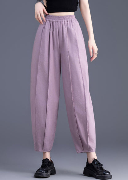 Purple Pockets Patchwork Elastic Waist Cotton Crop Pants Fall