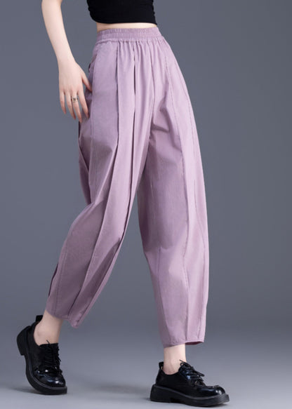 Purple Pockets Patchwork Elastic Waist Cotton Crop Pants Fall