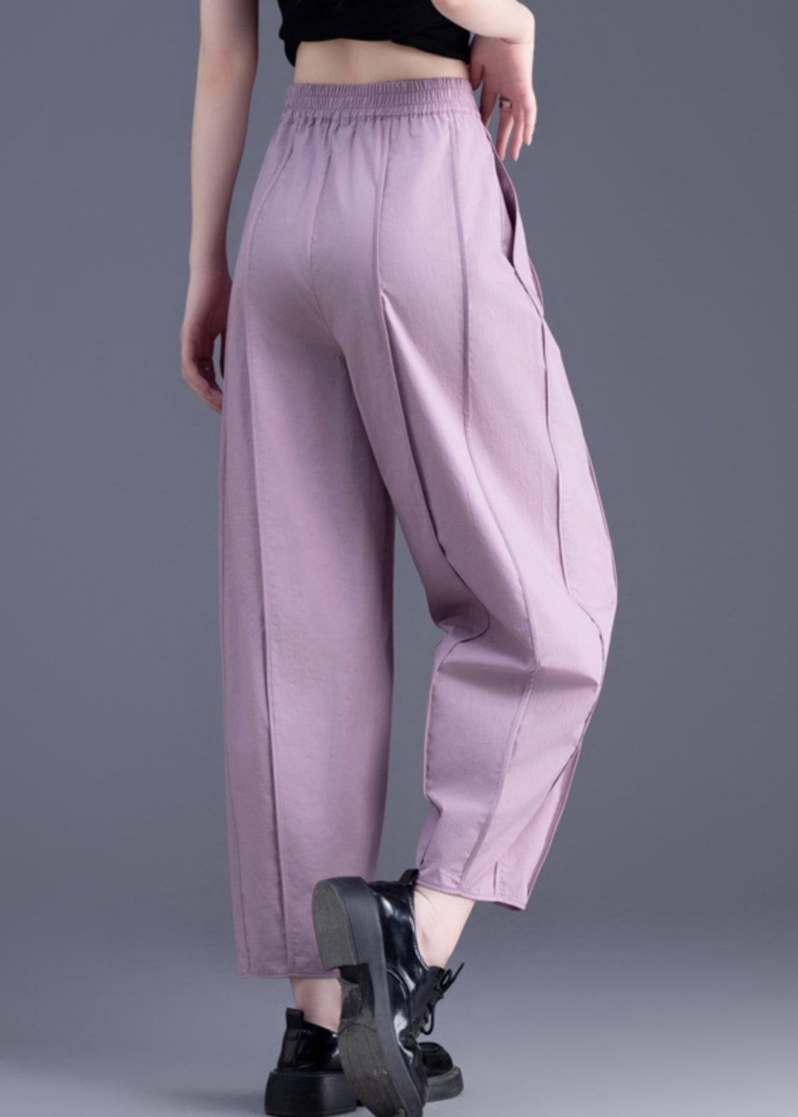 Purple Pockets Patchwork Elastic Waist Cotton Crop Pants Fall