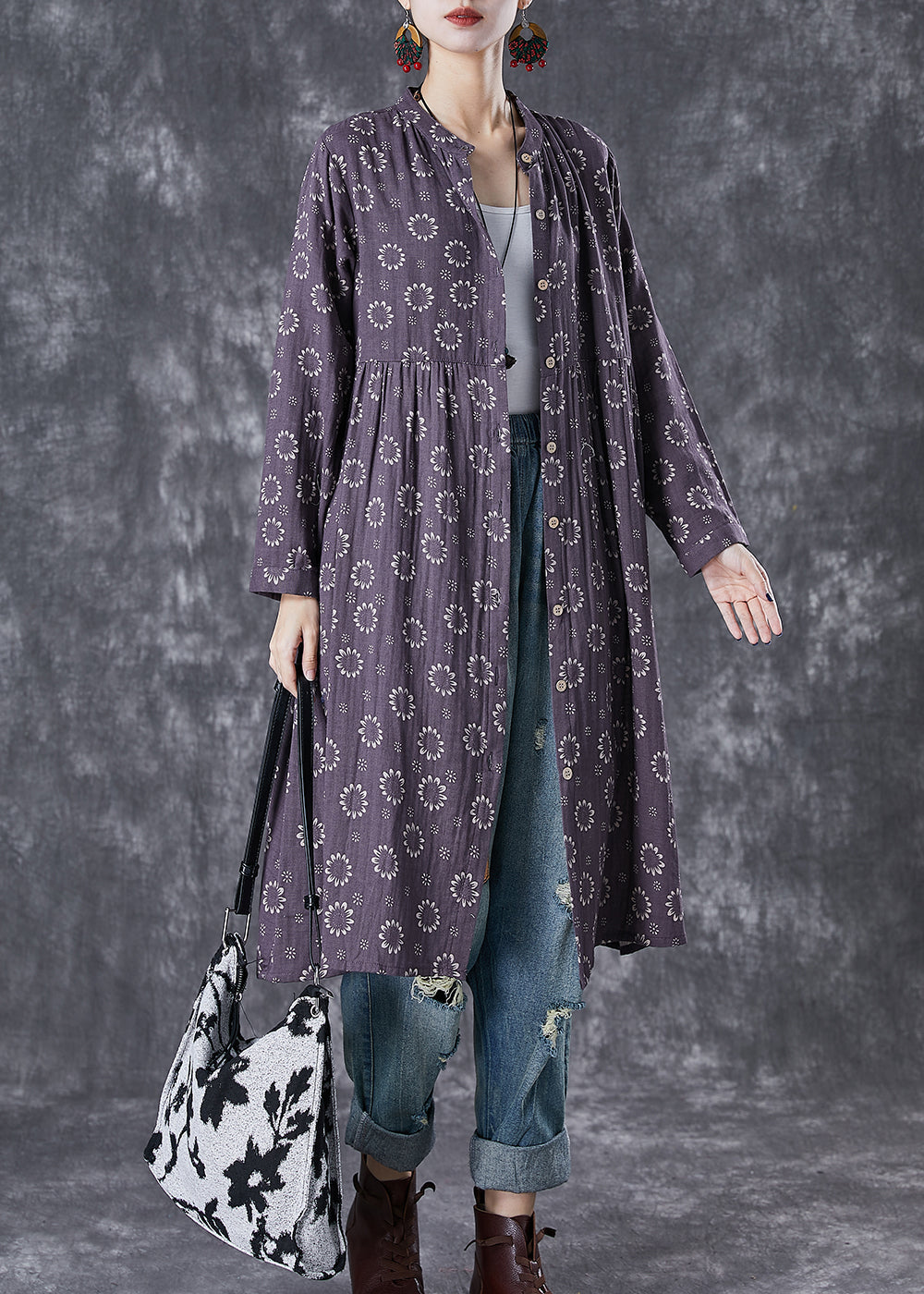 Purple Print Button Down Cotton Dresses Fall