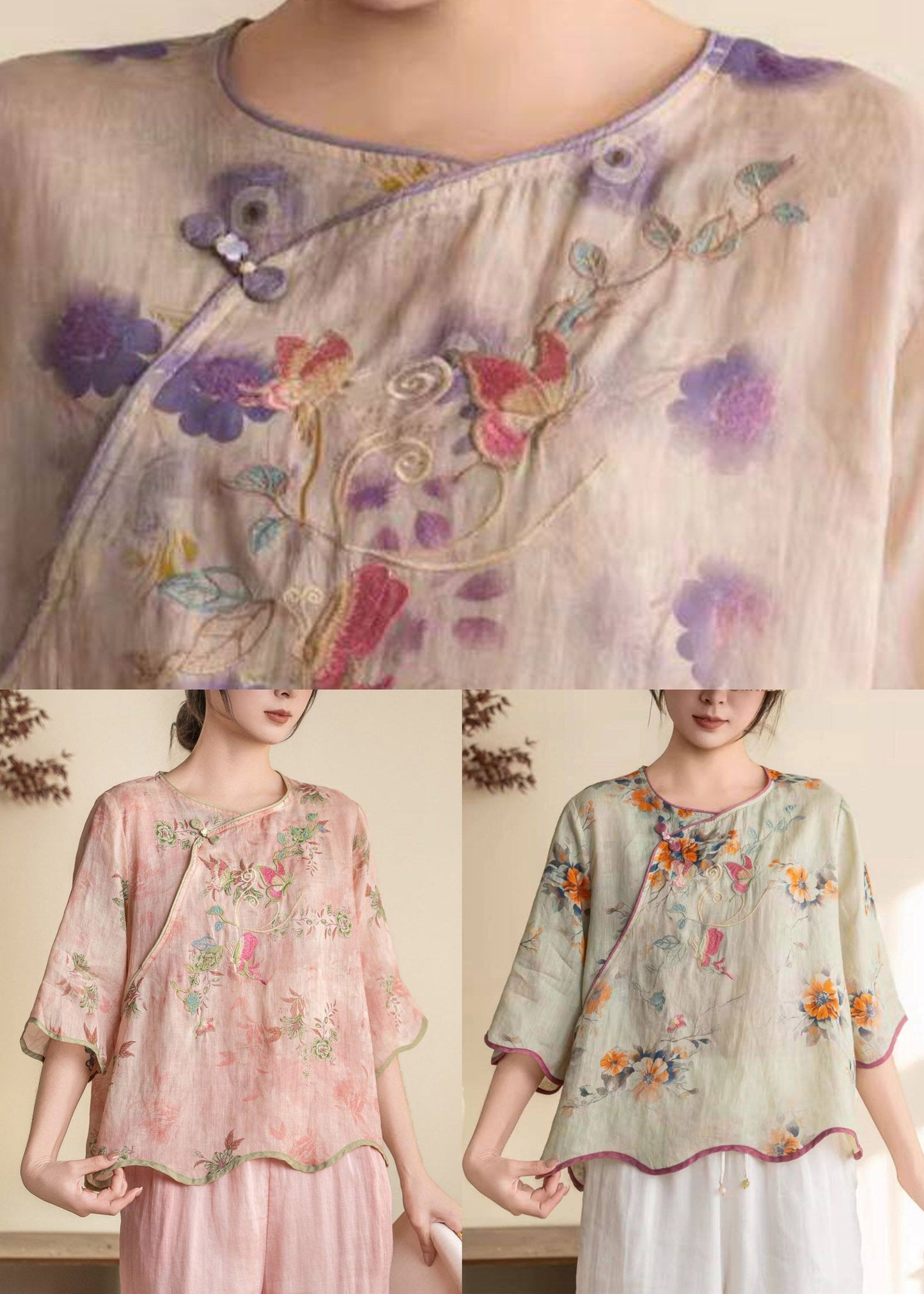 Purple Print Button Linen Shirt Summer