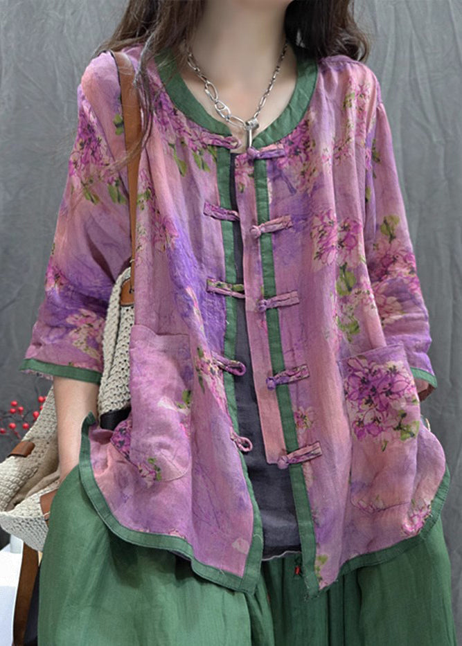 Brown Flowers Print Chinese Button Cotton Shirt Top Summer