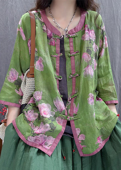Red Grid Print Chinese Button Cotton Shirt Top Summer